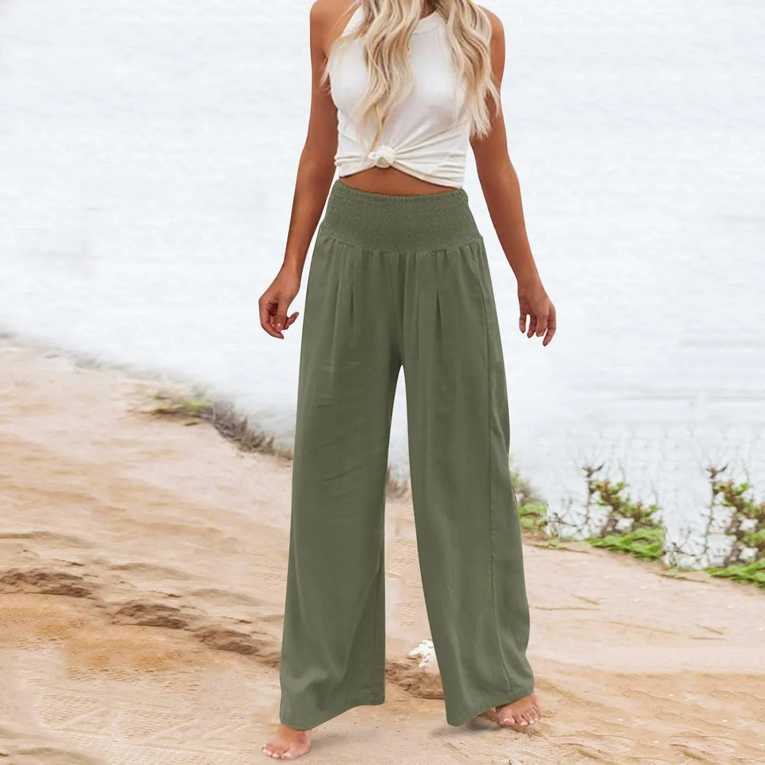 Linen Palazzo Pants for Women Wide Leg High Waist Flowy Summer Beach Loose Casual Lightweight Cotton Linen Trousers