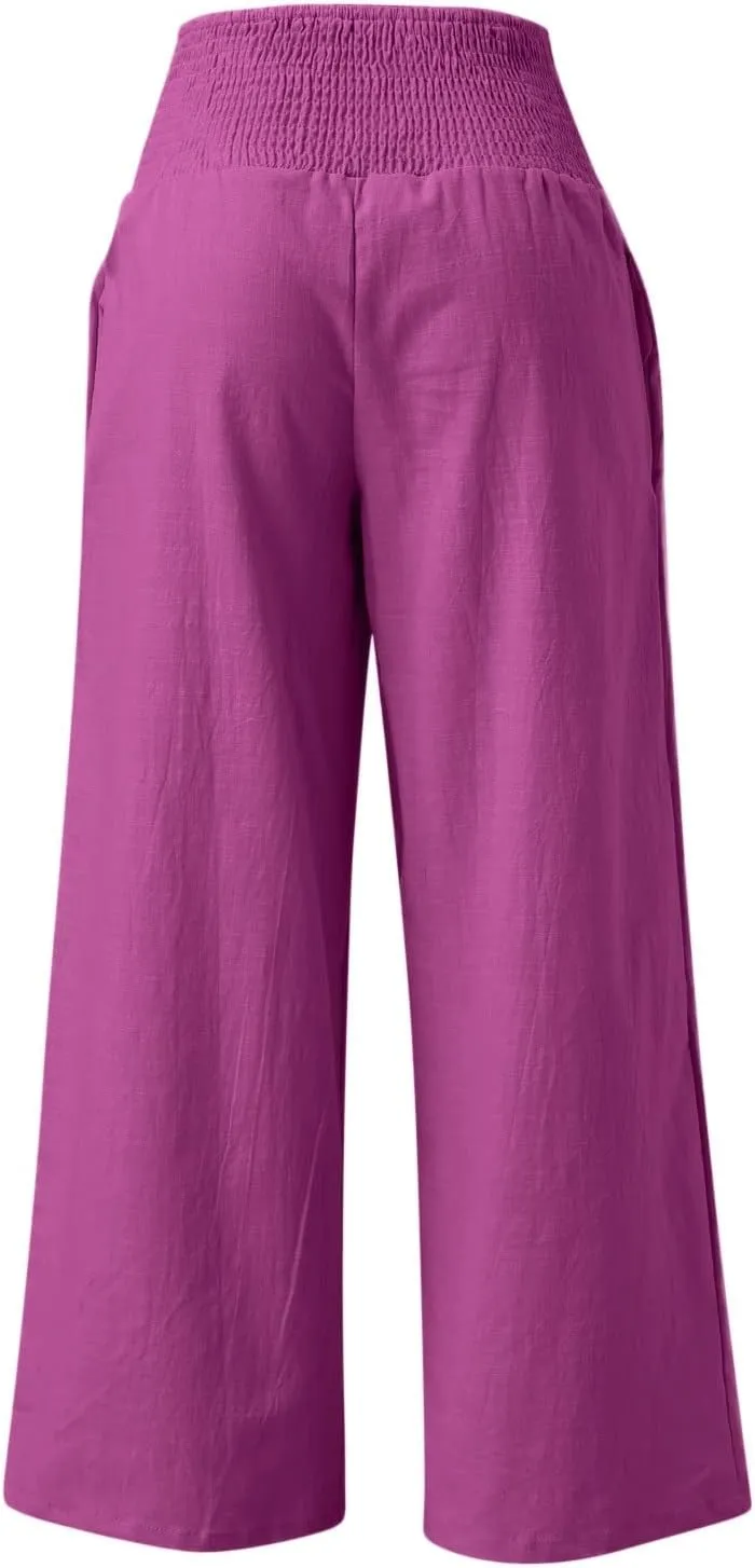Linen Palazzo Pants for Women Wide Leg High Waist Flowy Summer Beach Loose Casual Lightweight Cotton Linen Trousers