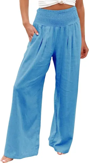 Linen Palazzo Pants for Women Wide Leg High Waist Flowy Summer Beach Loose Casual Lightweight Cotton Linen Trousers