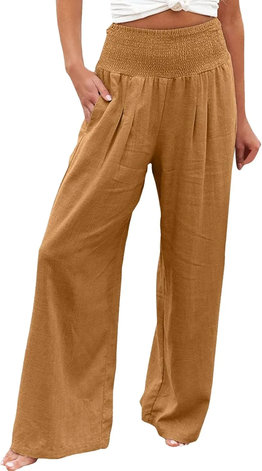Linen Palazzo Pants for Women Wide Leg High Waist Flowy Summer Beach Loose Casual Lightweight Cotton Linen Trousers