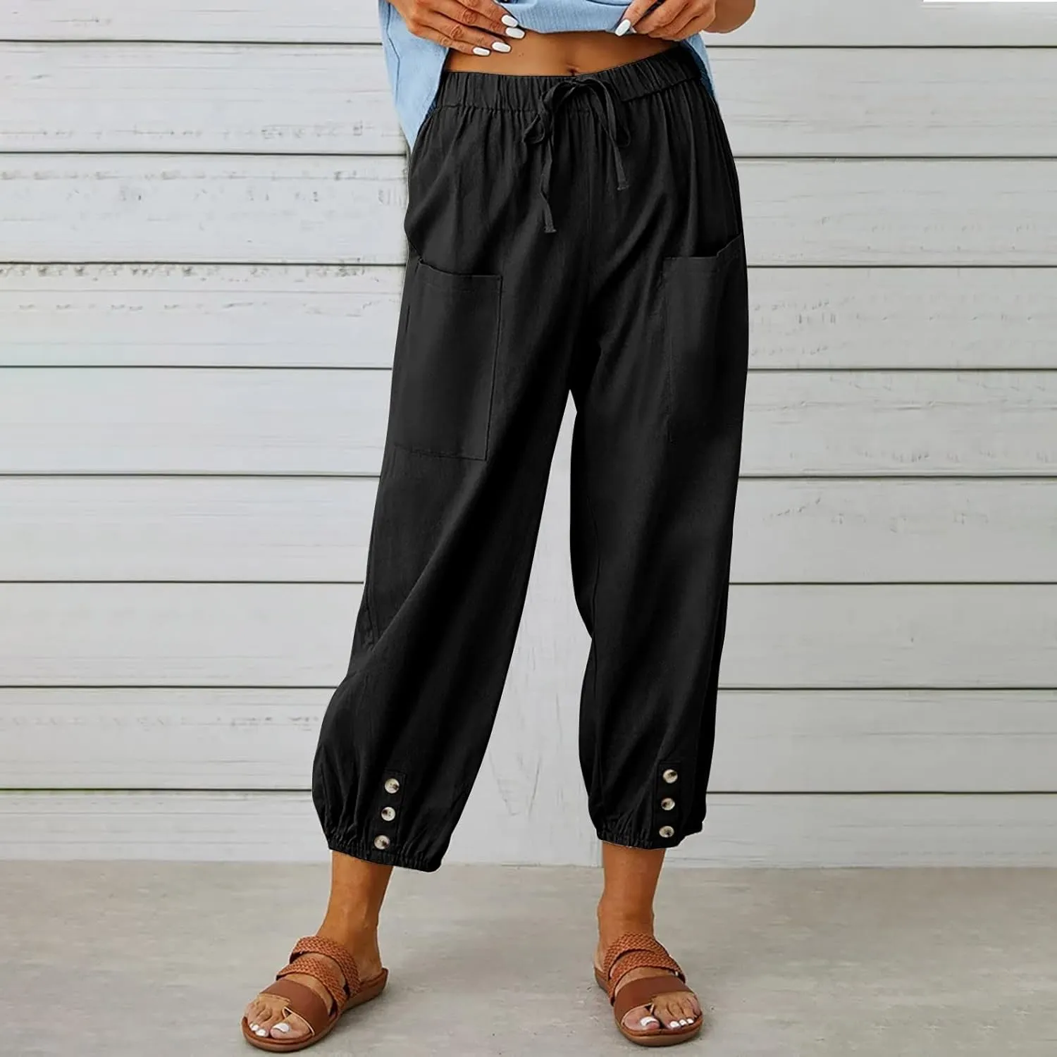 Linen Pants for Women High Waist Drawstring Palazzo Pants Summer Casual Tapered Lounge Trousers Boho Beach Outfits