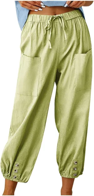 Linen Pants for Women High Waist Drawstring Palazzo Pants Summer Casual Tapered Lounge Trousers Boho Beach Outfits
