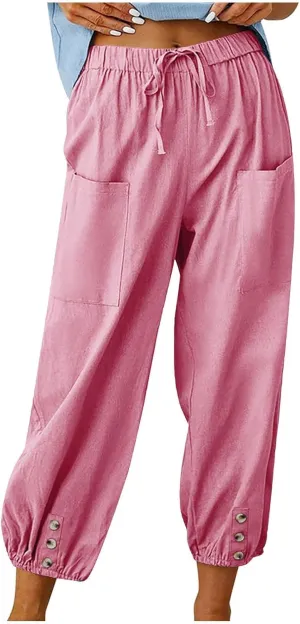 Linen Pants for Women High Waist Drawstring Palazzo Pants Summer Casual Tapered Lounge Trousers Boho Beach Outfits