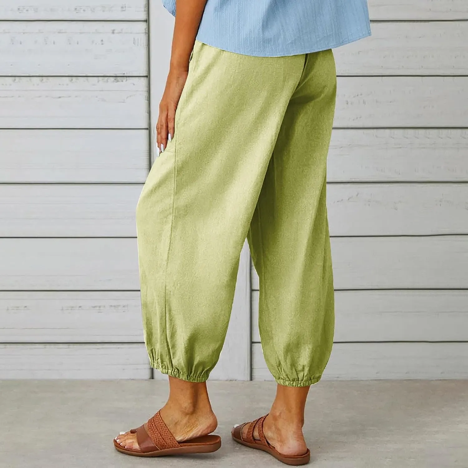Linen Pants for Women High Waist Drawstring Palazzo Pants Summer Casual Tapered Lounge Trousers Boho Beach Outfits