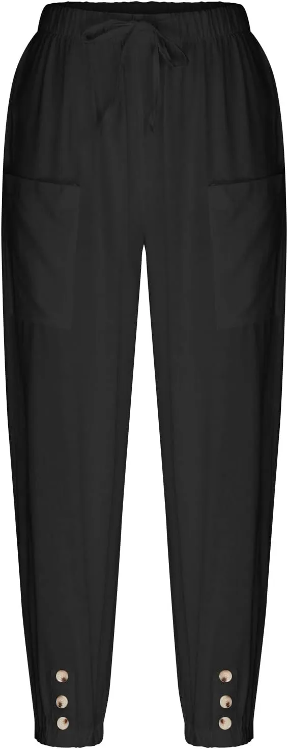 Linen Pants for Women High Waist Drawstring Palazzo Pants Summer Casual Tapered Lounge Trousers Boho Beach Outfits