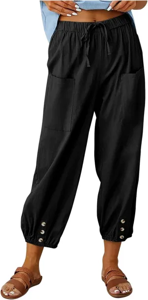 Linen Pants for Women High Waist Drawstring Palazzo Pants Summer Casual Tapered Lounge Trousers Boho Beach Outfits