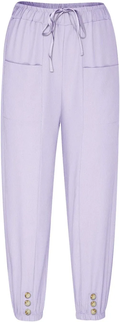 Linen Pants for Women High Waist Drawstring Palazzo Pants Summer Casual Tapered Lounge Trousers Boho Beach Outfits