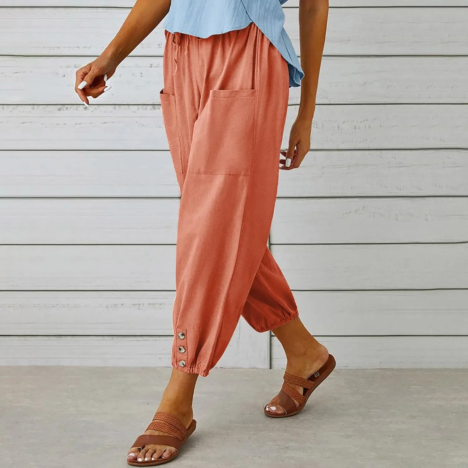 Linen Pants for Women High Waist Drawstring Palazzo Pants Summer Casual Tapered Lounge Trousers Boho Beach Outfits