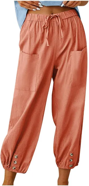 Linen Pants for Women High Waist Drawstring Palazzo Pants Summer Casual Tapered Lounge Trousers Boho Beach Outfits