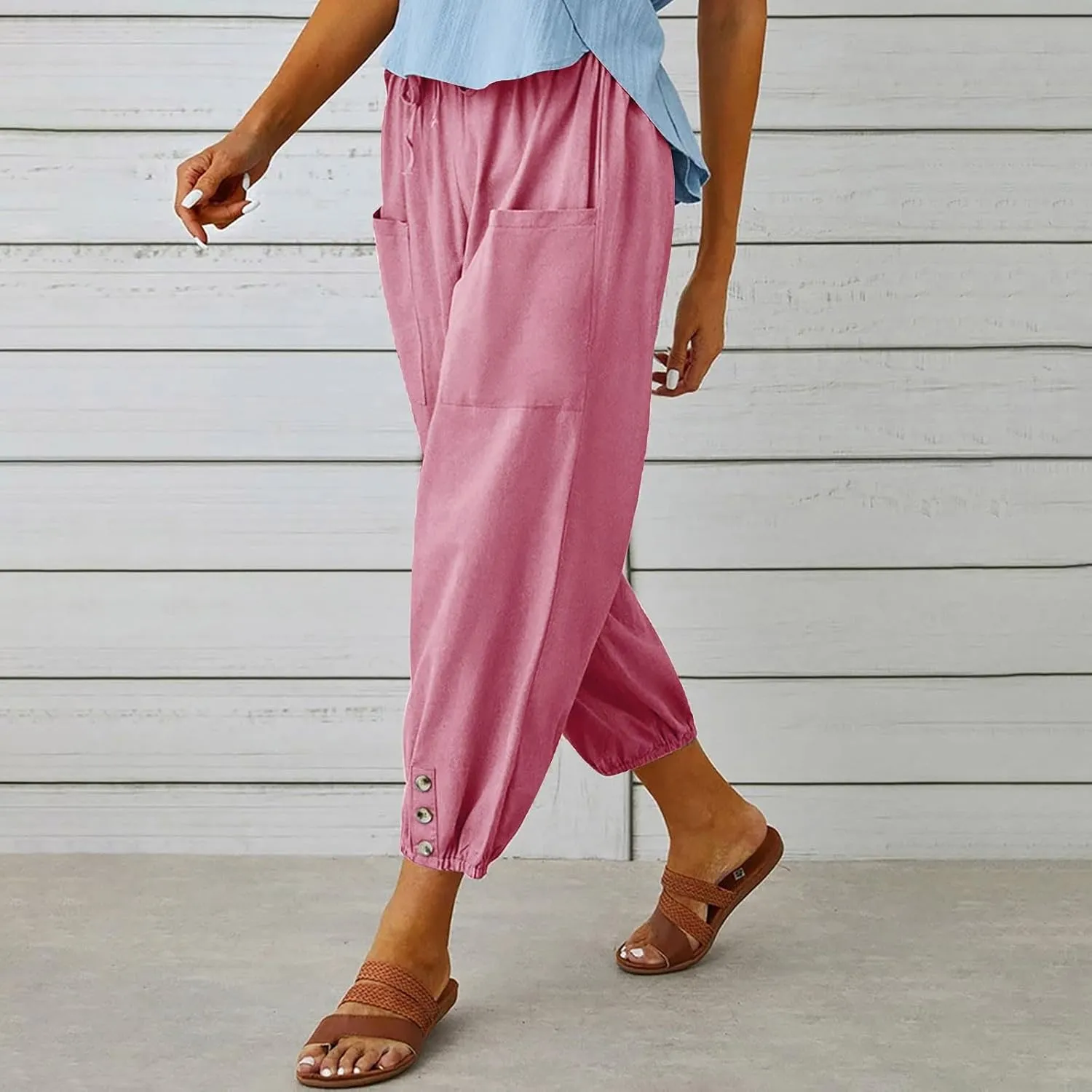 Linen Pants for Women High Waist Drawstring Palazzo Pants Summer Casual Tapered Lounge Trousers Boho Beach Outfits