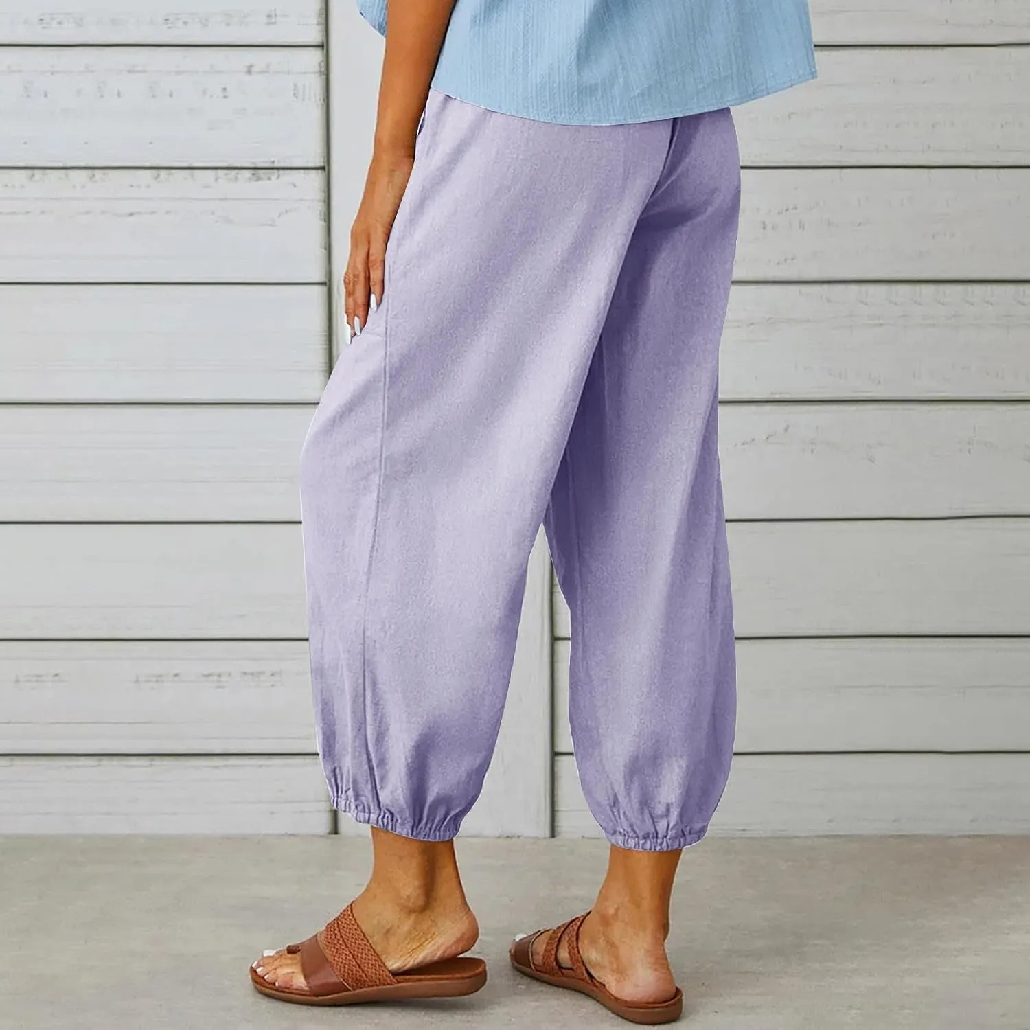 Linen Pants for Women High Waist Drawstring Palazzo Pants Summer Casual Tapered Lounge Trousers Boho Beach Outfits