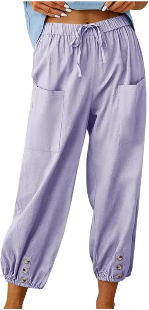 Linen Pants for Women High Waist Drawstring Palazzo Pants Summer Casual Tapered Lounge Trousers Boho Beach Outfits