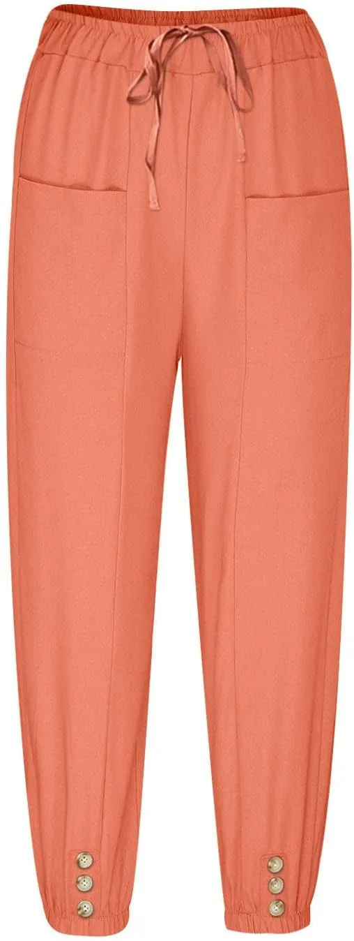 Linen Pants for Women High Waist Drawstring Palazzo Pants Summer Casual Tapered Lounge Trousers Boho Beach Outfits