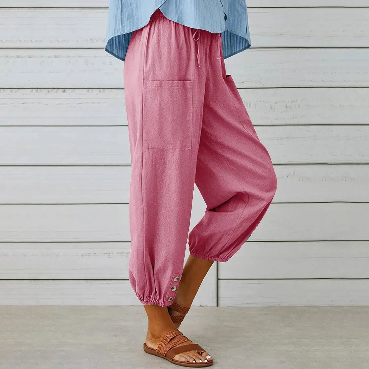 Linen Pants for Women High Waist Drawstring Palazzo Pants Summer Casual Tapered Lounge Trousers Boho Beach Outfits
