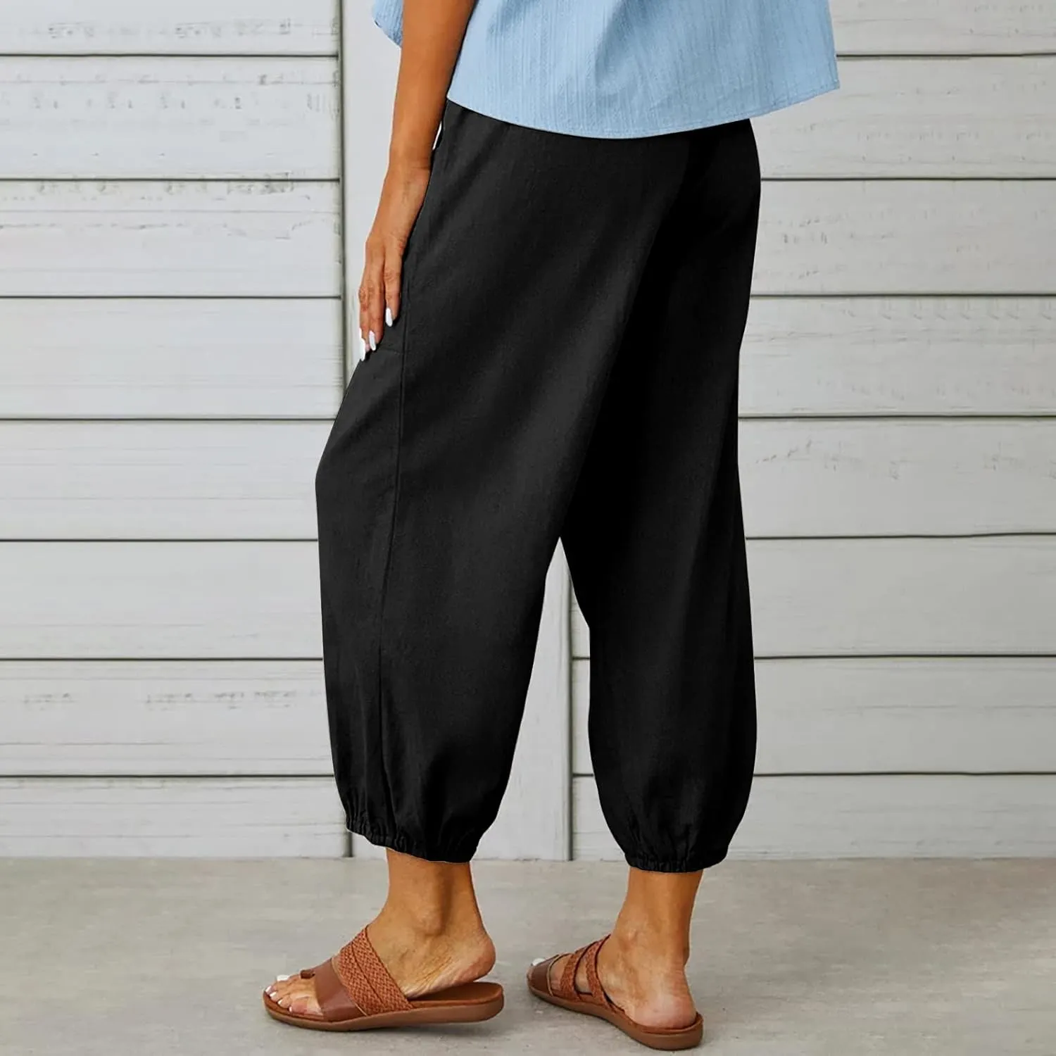 Linen Pants for Women High Waist Drawstring Palazzo Pants Summer Casual Tapered Lounge Trousers Boho Beach Outfits