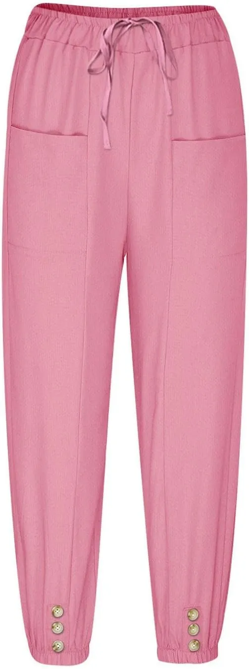 Linen Pants for Women High Waist Drawstring Palazzo Pants Summer Casual Tapered Lounge Trousers Boho Beach Outfits