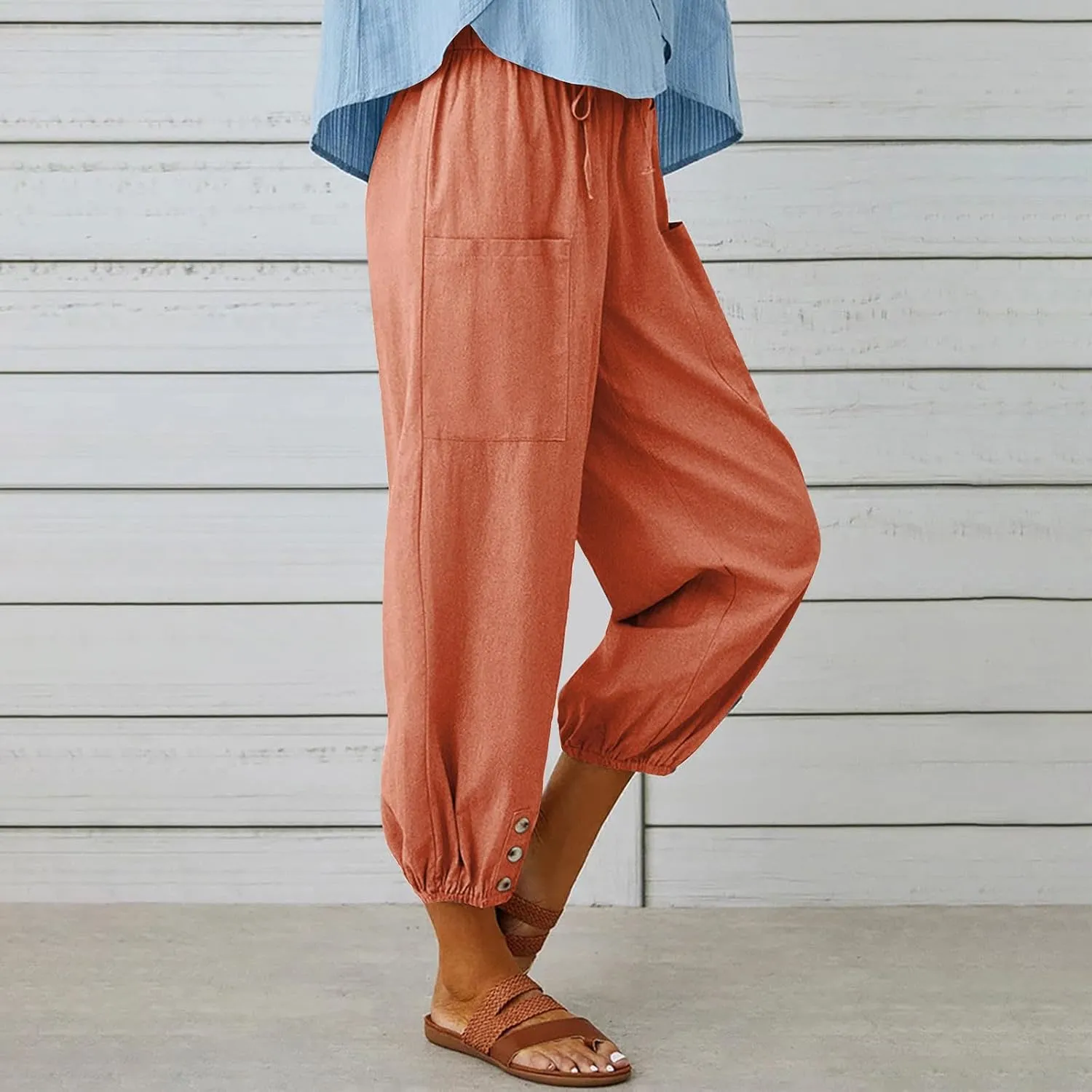 Linen Pants for Women High Waist Drawstring Palazzo Pants Summer Casual Tapered Lounge Trousers Boho Beach Outfits