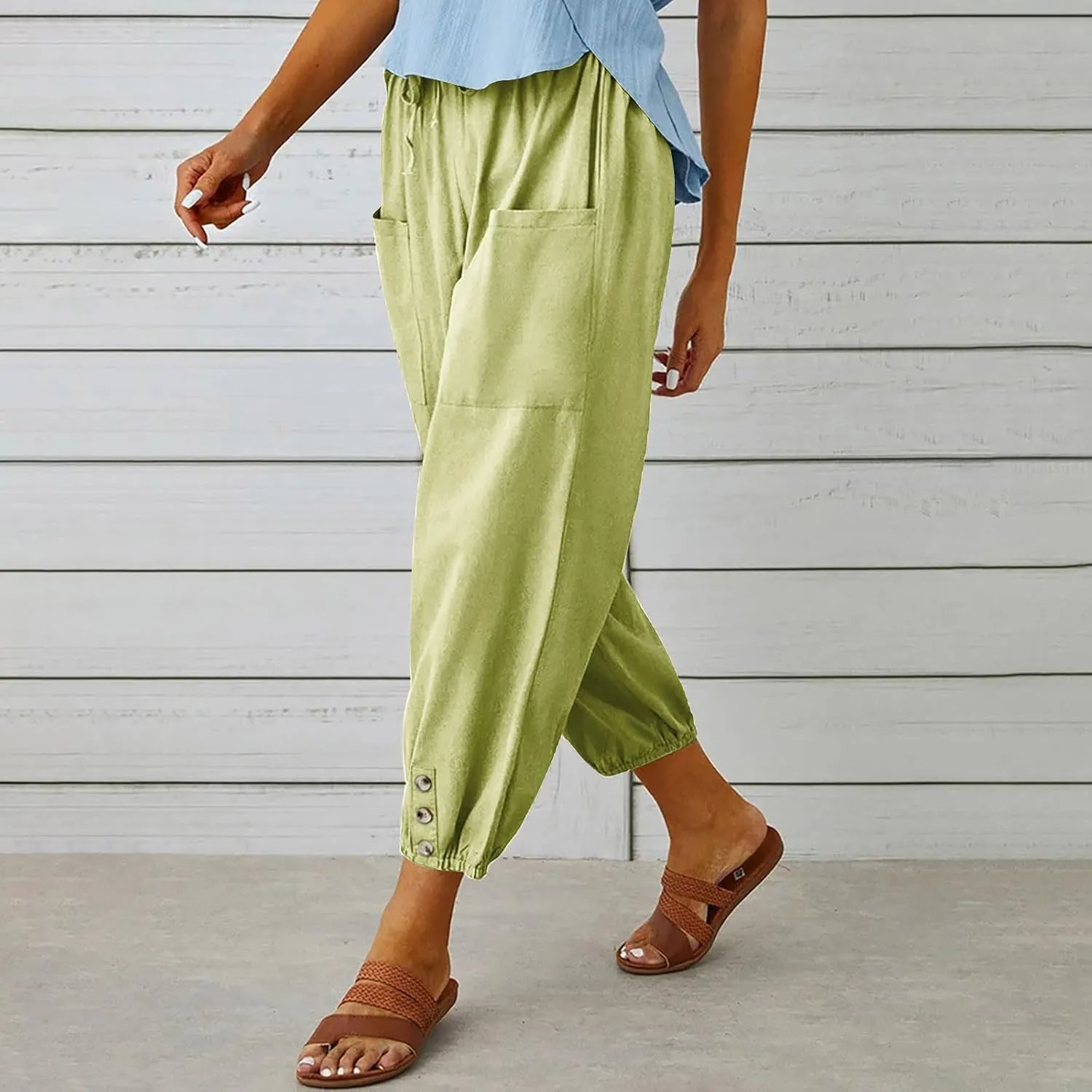 Linen Pants for Women High Waist Drawstring Palazzo Pants Summer Casual Tapered Lounge Trousers Boho Beach Outfits