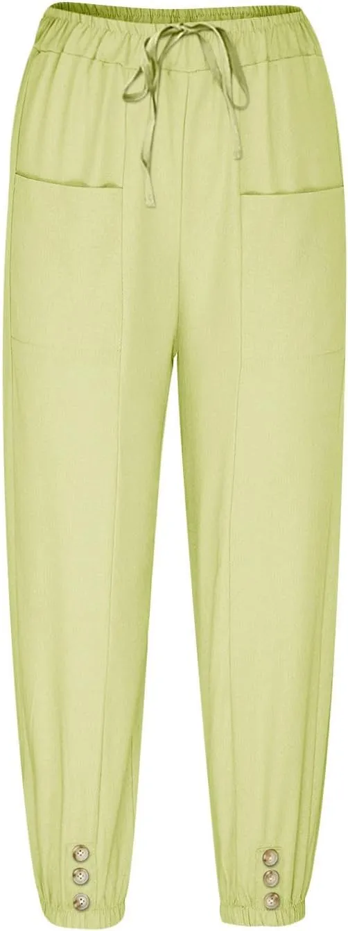 Linen Pants for Women High Waist Drawstring Palazzo Pants Summer Casual Tapered Lounge Trousers Boho Beach Outfits