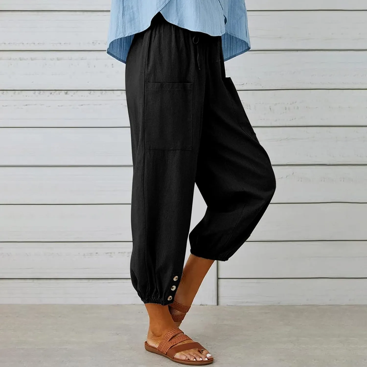 Linen Pants for Women High Waist Drawstring Palazzo Pants Summer Casual Tapered Lounge Trousers Boho Beach Outfits