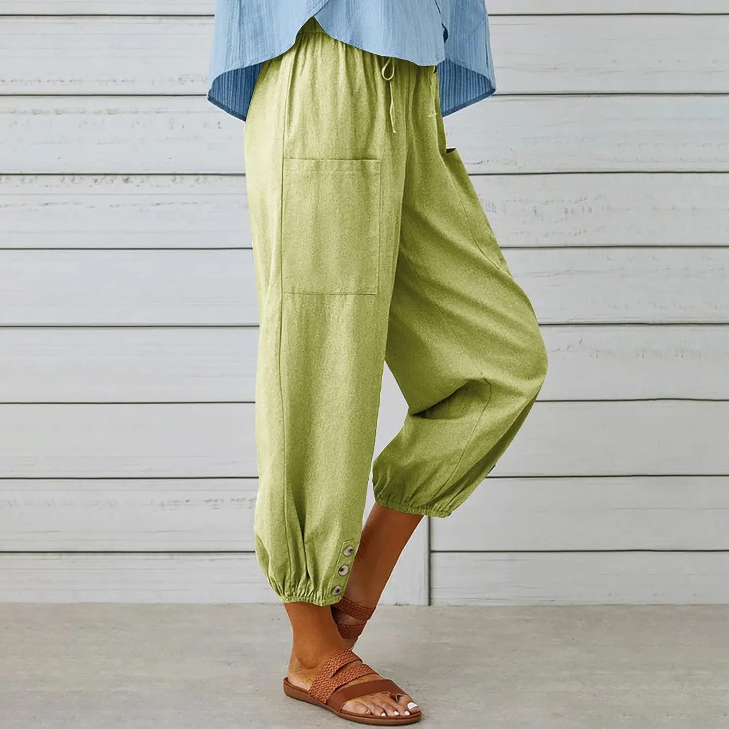 Linen Pants for Women High Waist Drawstring Palazzo Pants Summer Casual Tapered Lounge Trousers Boho Beach Outfits