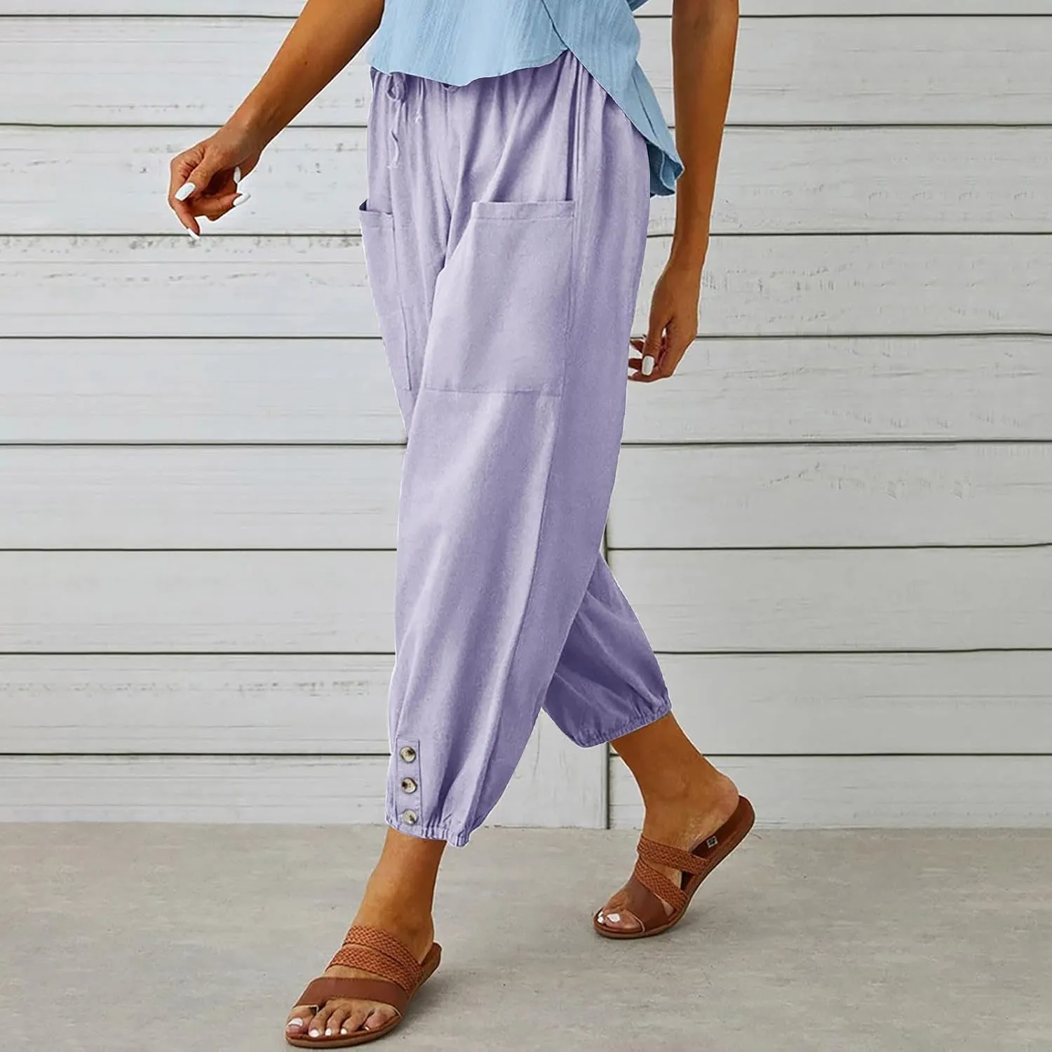 Linen Pants for Women High Waist Drawstring Palazzo Pants Summer Casual Tapered Lounge Trousers Boho Beach Outfits