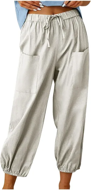 Linen Pants for Women High Waist Drawstring Palazzo Pants Summer Casual Tapered Lounge Trousers Boho Beach Outfits
