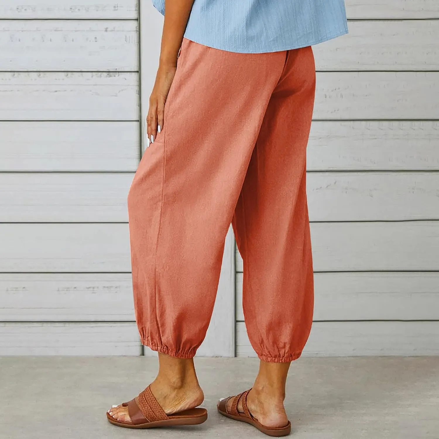 Linen Pants for Women High Waist Drawstring Palazzo Pants Summer Casual Tapered Lounge Trousers Boho Beach Outfits