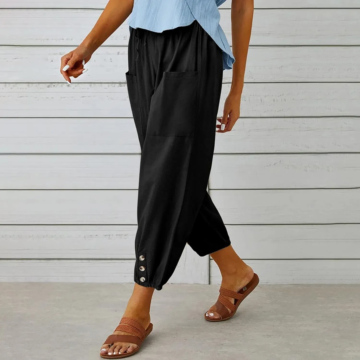 Linen Pants for Women High Waist Drawstring Palazzo Pants Summer Casual Tapered Lounge Trousers Boho Beach Outfits
