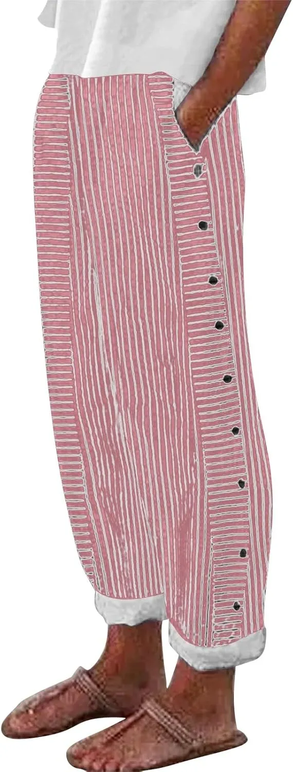 Linen Pants for Women Plus Size Striped Spring Summer Gauze Pants Casual Elastic Waist Comfy Cropped Trousers Trendy