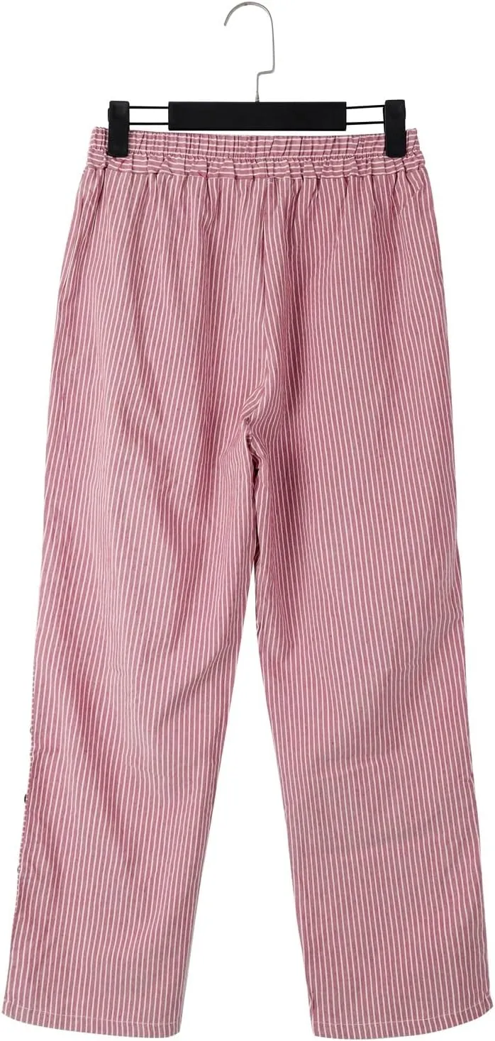 Linen Pants for Women Plus Size Striped Spring Summer Gauze Pants Casual Elastic Waist Comfy Cropped Trousers Trendy