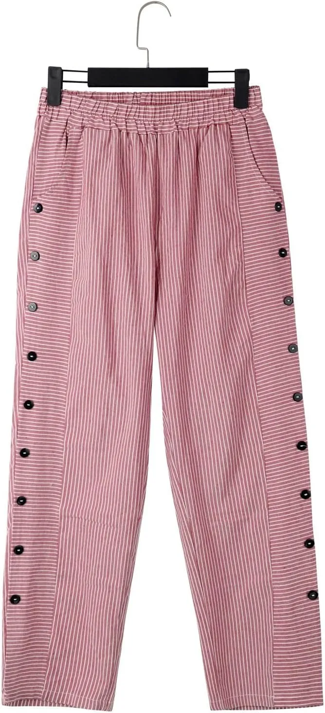 Linen Pants for Women Plus Size Striped Spring Summer Gauze Pants Casual Elastic Waist Comfy Cropped Trousers Trendy