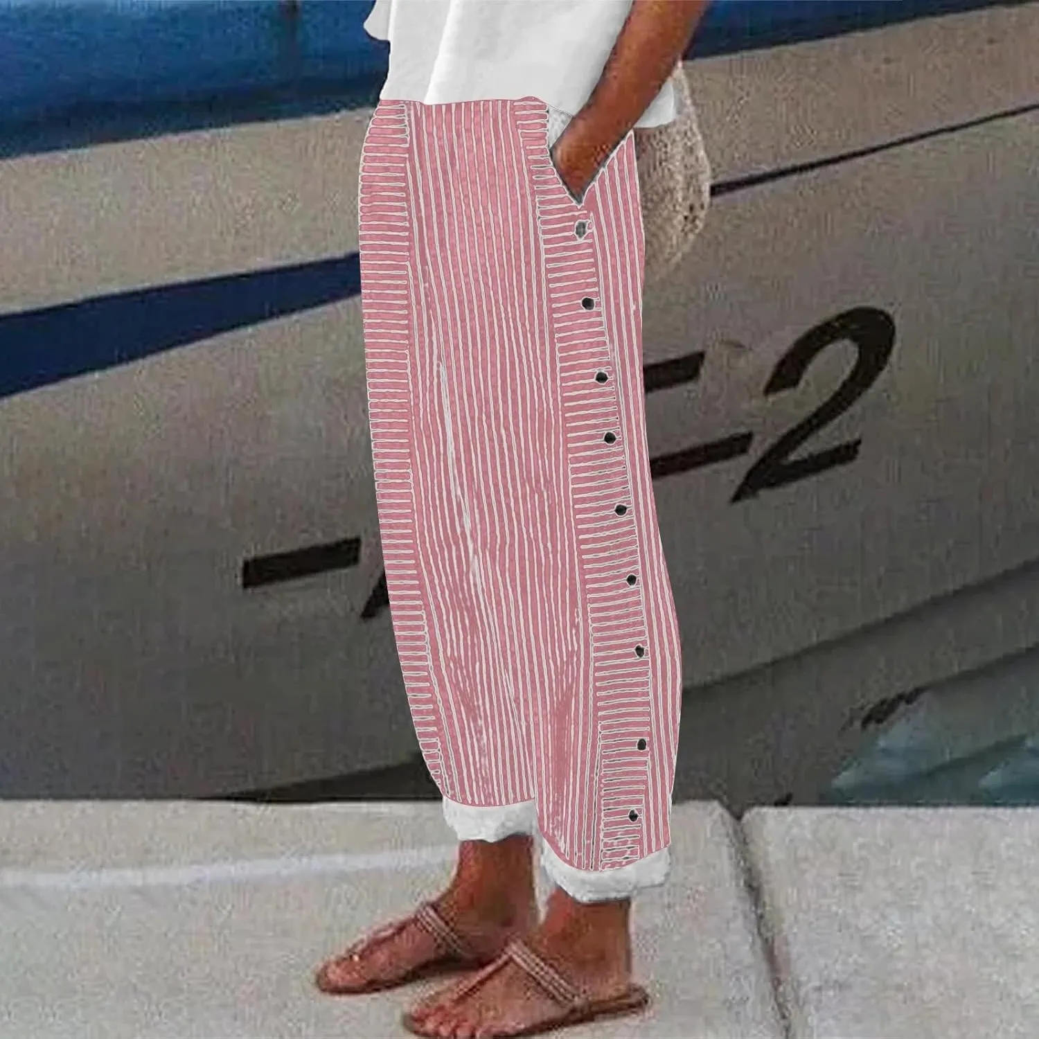 Linen Pants for Women Plus Size Striped Spring Summer Gauze Pants Casual Elastic Waist Comfy Cropped Trousers Trendy