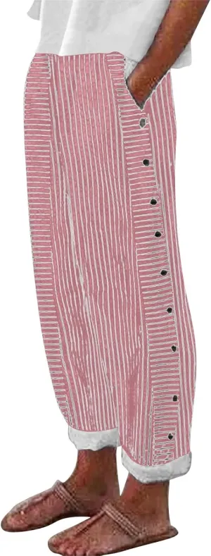 Linen Pants for Women Plus Size Striped Spring Summer Gauze Pants Casual Elastic Waist Comfy Cropped Trousers Trendy