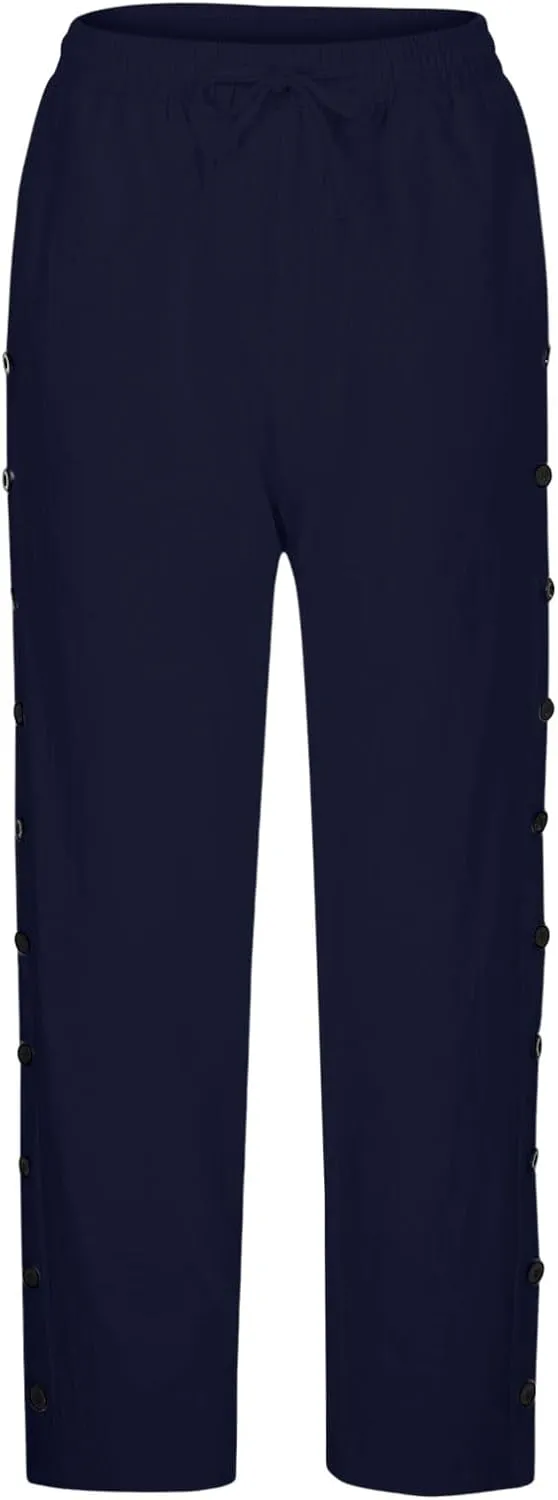 Linen Pants for Women Side Button Summer Trendy Vacation Elastic Waist Straight Leg Capris Casual Cropped Trousers