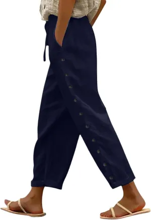 Linen Pants for Women Side Button Summer Trendy Vacation Elastic Waist Straight Leg Capris Casual Cropped Trousers