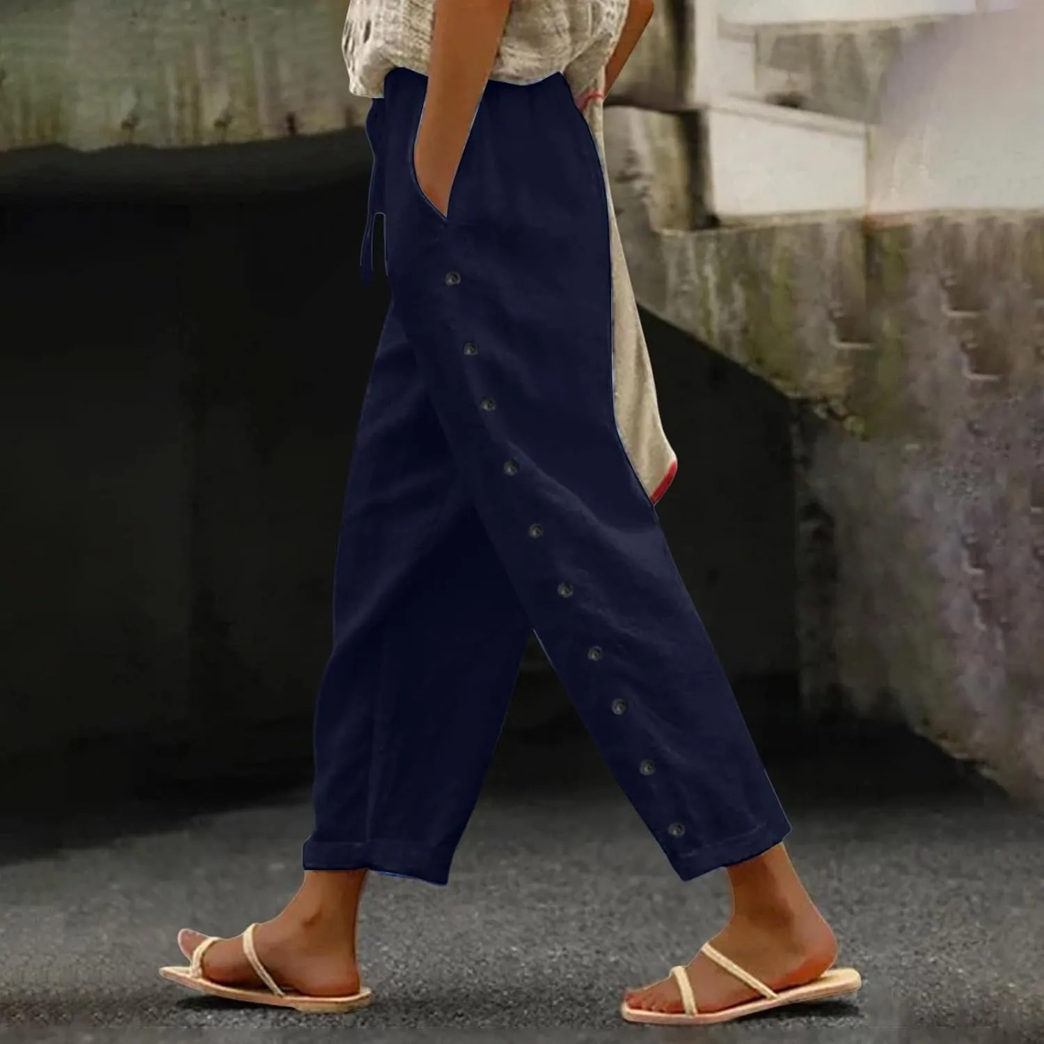 Linen Pants for Women Side Button Summer Trendy Vacation Elastic Waist Straight Leg Capris Casual Cropped Trousers