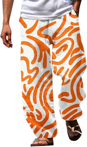 Linen Pants Men Beach Casual Elastic Waist Summer Stripe Beach Pants Lightweight Breathable Yoga Vacation Trousers