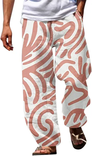 Linen Pants Men Beach Casual Elastic Waist Summer Stripe Beach Pants Lightweight Breathable Yoga Vacation Trousers