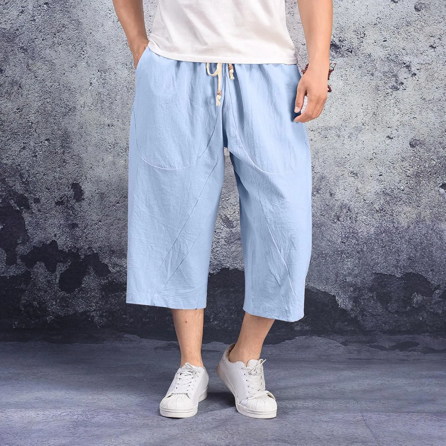 Linen Pants Men Big and Tall Elastic Waist Lounge Hip Hop Harem Pants Summer Casual Straight Leg Dress Trousers