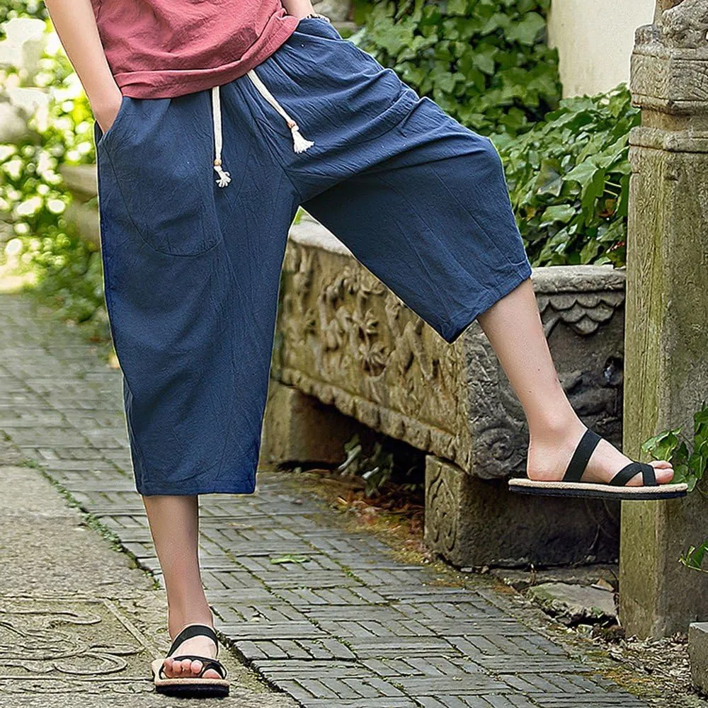 Linen Pants Men Big and Tall Summer Elastic Waist Drawstring Beach Athletic Capri Pants for Workout Jogging Running
