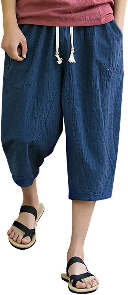 Linen Pants Men Big and Tall Summer Elastic Waist Drawstring Beach Athletic Capri Pants for Workout Jogging Running