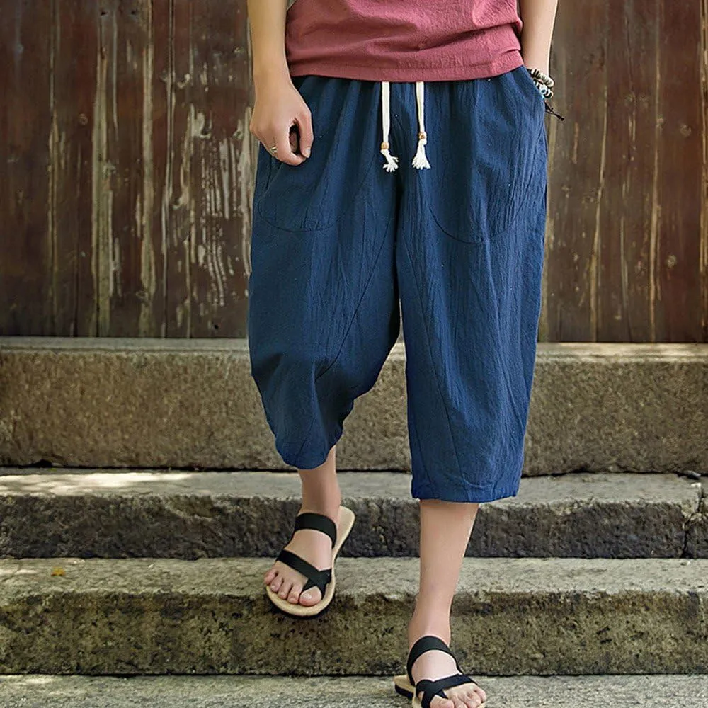 Linen Pants Men Big and Tall Summer Elastic Waist Drawstring Beach Athletic Capri Pants for Workout Jogging Running