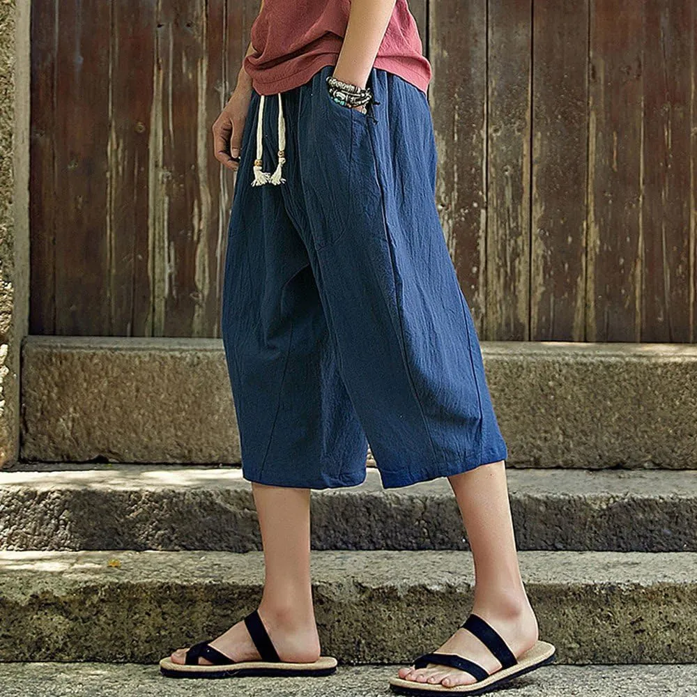 Linen Pants Men Big and Tall Summer Elastic Waist Drawstring Beach Athletic Capri Pants for Workout Jogging Running