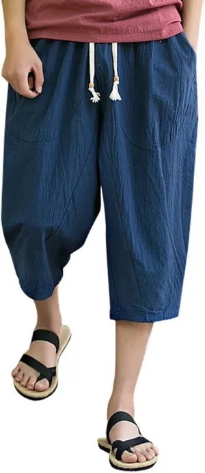 Linen Pants Men Big and Tall Summer Elastic Waist Drawstring Beach Athletic Capri Pants for Workout Jogging Running
