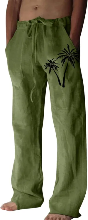 Linen Pants Men Slim Fit Casual Drawstring Elastic Waist Tree Printed Beach Yoga Pants Summer Lightweight Trousers