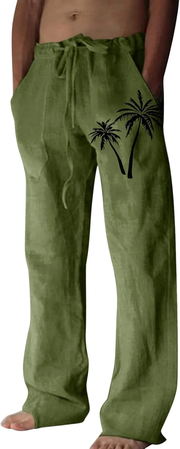 Linen Pants Men Slim Fit Casual Drawstring Elastic Waist Tree Printed Beach Yoga Pants Summer Lightweight Trousers