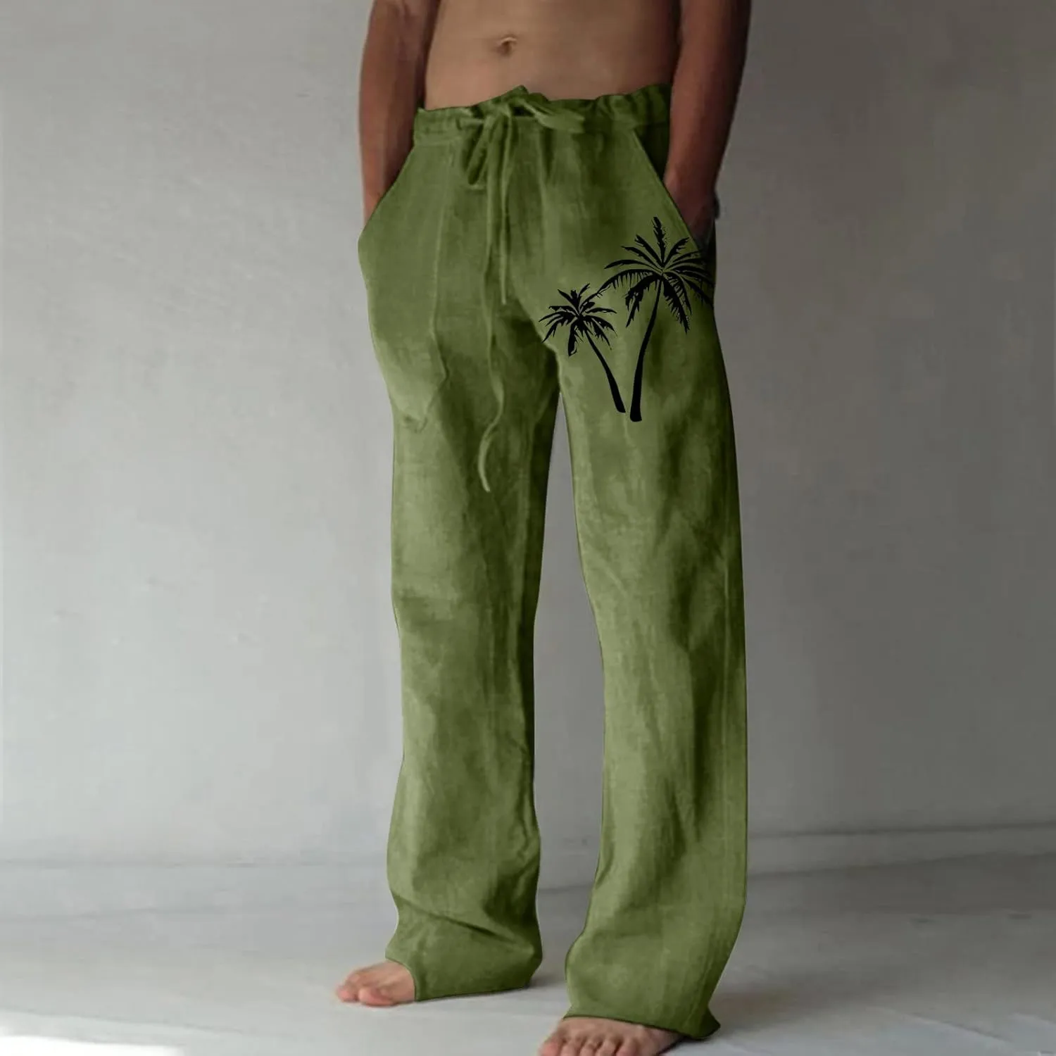 Linen Pants Men Slim Fit Casual Drawstring Elastic Waist Tree Printed Beach Yoga Pants Summer Lightweight Trousers