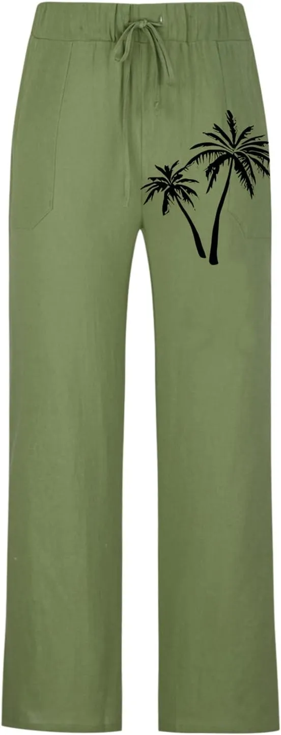 Linen Pants Men Slim Fit Casual Drawstring Elastic Waist Tree Printed Beach Yoga Pants Summer Lightweight Trousers