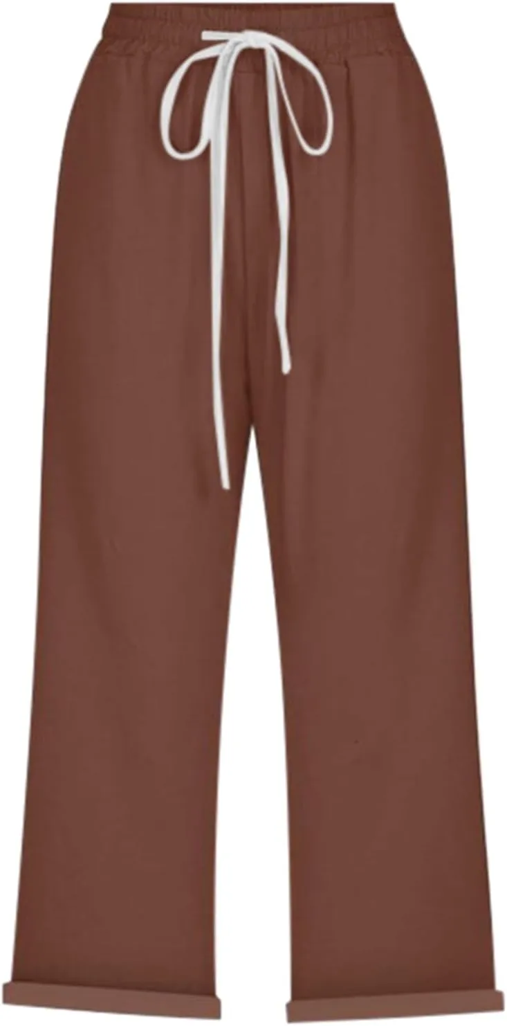 Linen Pants Women Capri Casual Loose Elastic Drawstring Straight Cropped Trousers Summer Beach Travel Vacation
